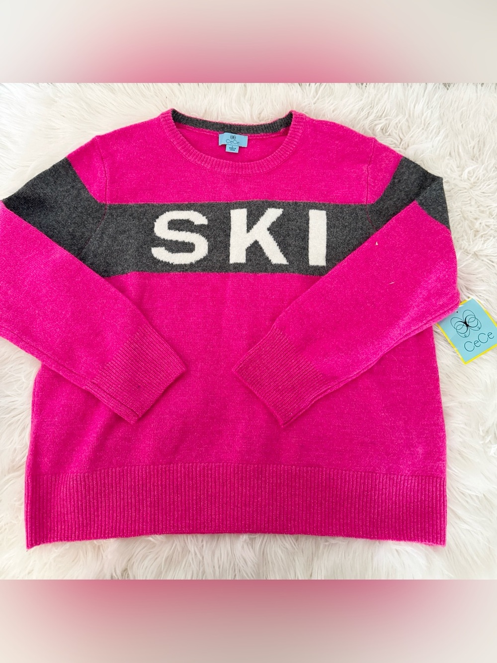 CeCe Hot Pink and Charcoal 'SKI' Crewneck Sweater